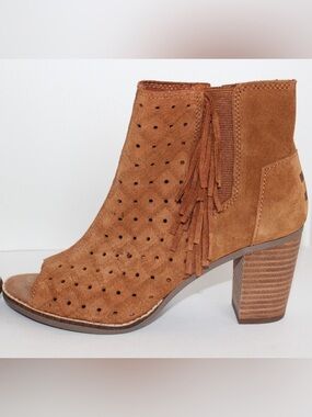 Toms Tan Suede Perforated Fringe Peep-Toe Ankle Boot